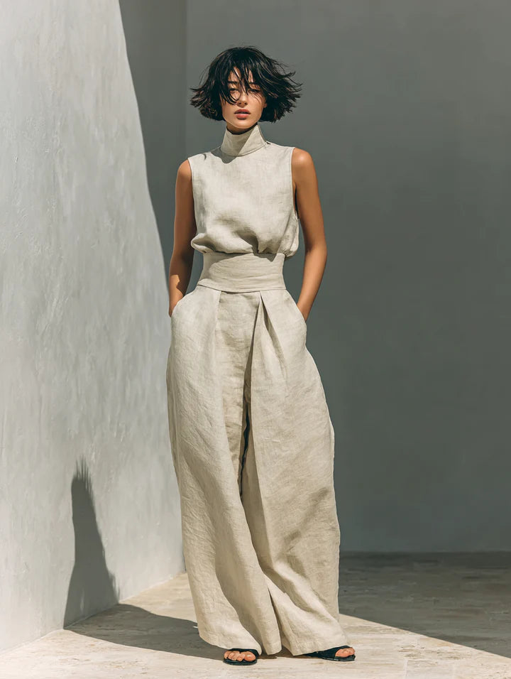 CONJUNTO MINIMALISTA DE BLUSA SIN MANGAS Y PANTALÓN ANCHO DE LINO Y ALGODÓN PARA MUJER