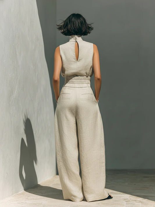 CONJUNTO MINIMALISTA DE BLUSA SIN MANGAS Y PANTALÓN ANCHO DE LINO Y ALGODÓN PARA MUJER