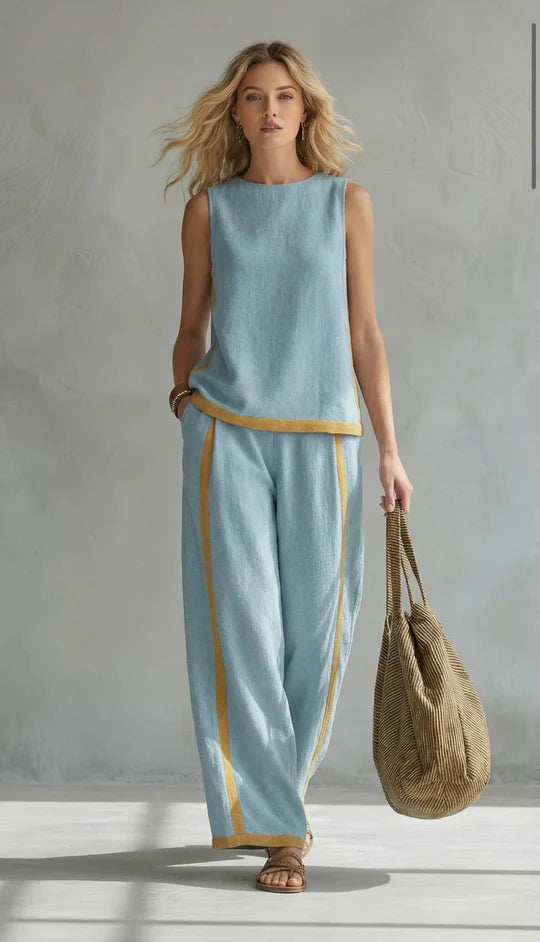 Leila - Elegante y casual conjunto de chaleco y pantalón de algodón y lino gris con ribete bicolor.