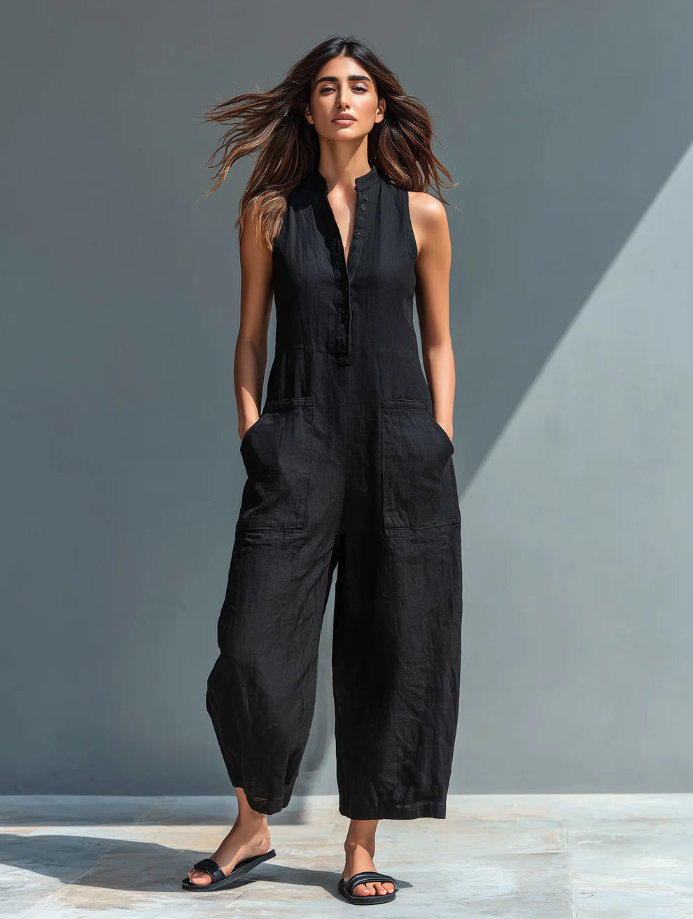 Claudia | Mono minimalista de lino para mujer, sin mangas, cuello alto y botones