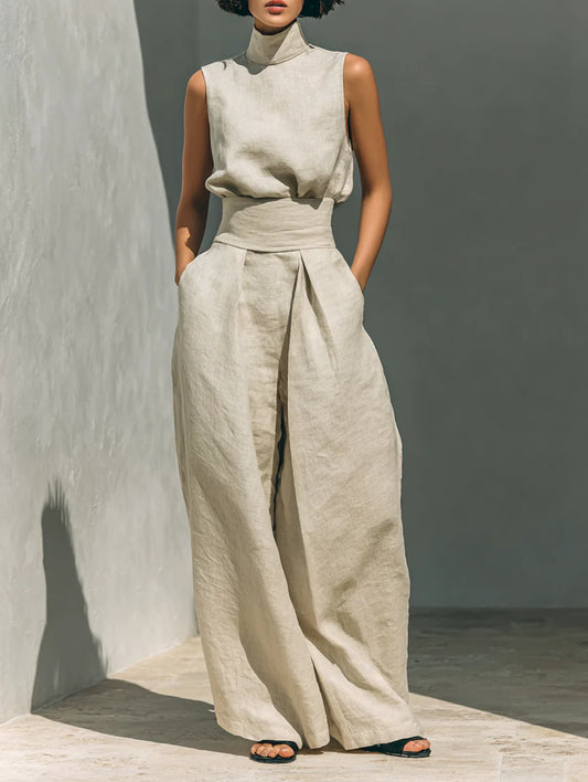 CONJUNTO MINIMALISTA DE BLUSA SIN MANGAS Y PANTALÓN ANCHO DE LINO Y ALGODÓN PARA MUJER