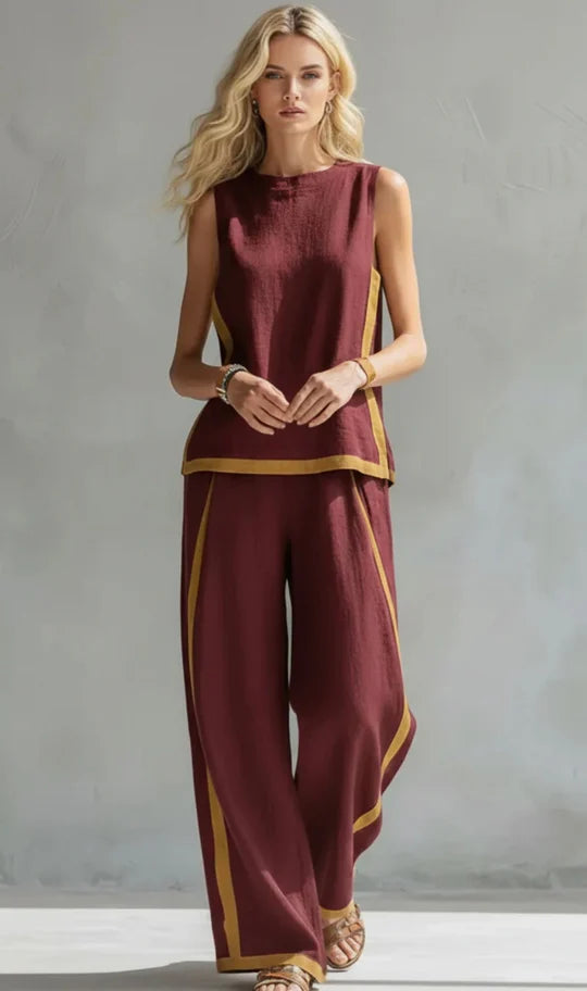 Leila - Elegante y casual conjunto de chaleco y pantalón de algodón y lino gris con ribete bicolor.