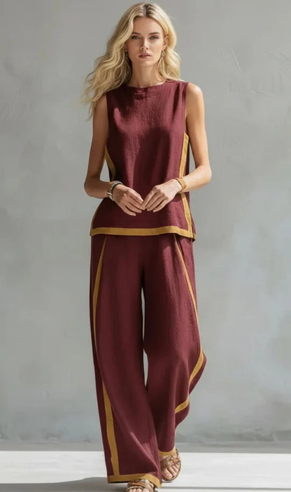 Leila - Elegante y casual conjunto de chaleco y pantalón de algodón y lino gris con ribete bicolor.