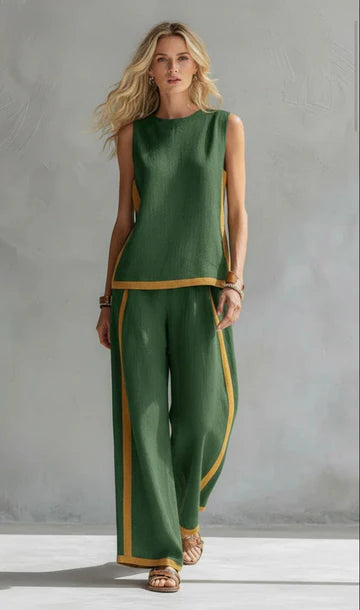 Leila - Elegante y casual conjunto de chaleco y pantalón de algodón y lino gris con ribete bicolor.
